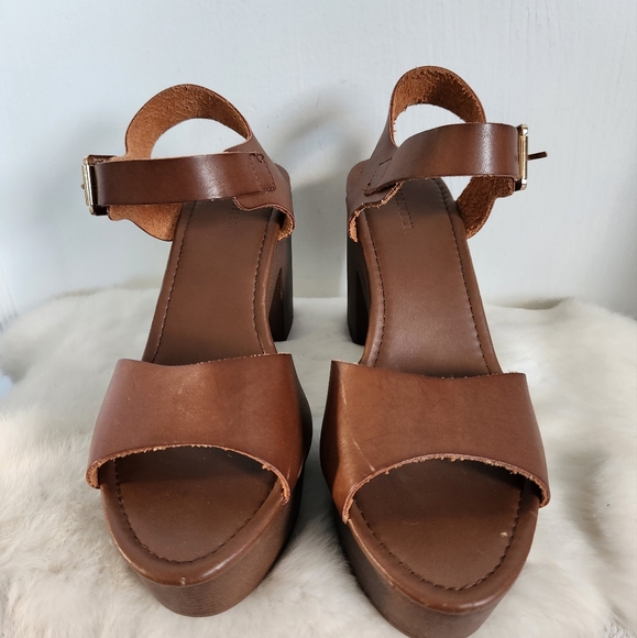 Forever 21 Brown Wood & Leather Style Block Heel Sandals Y2K-Inspired Sz 8 - Picture 2 of 16